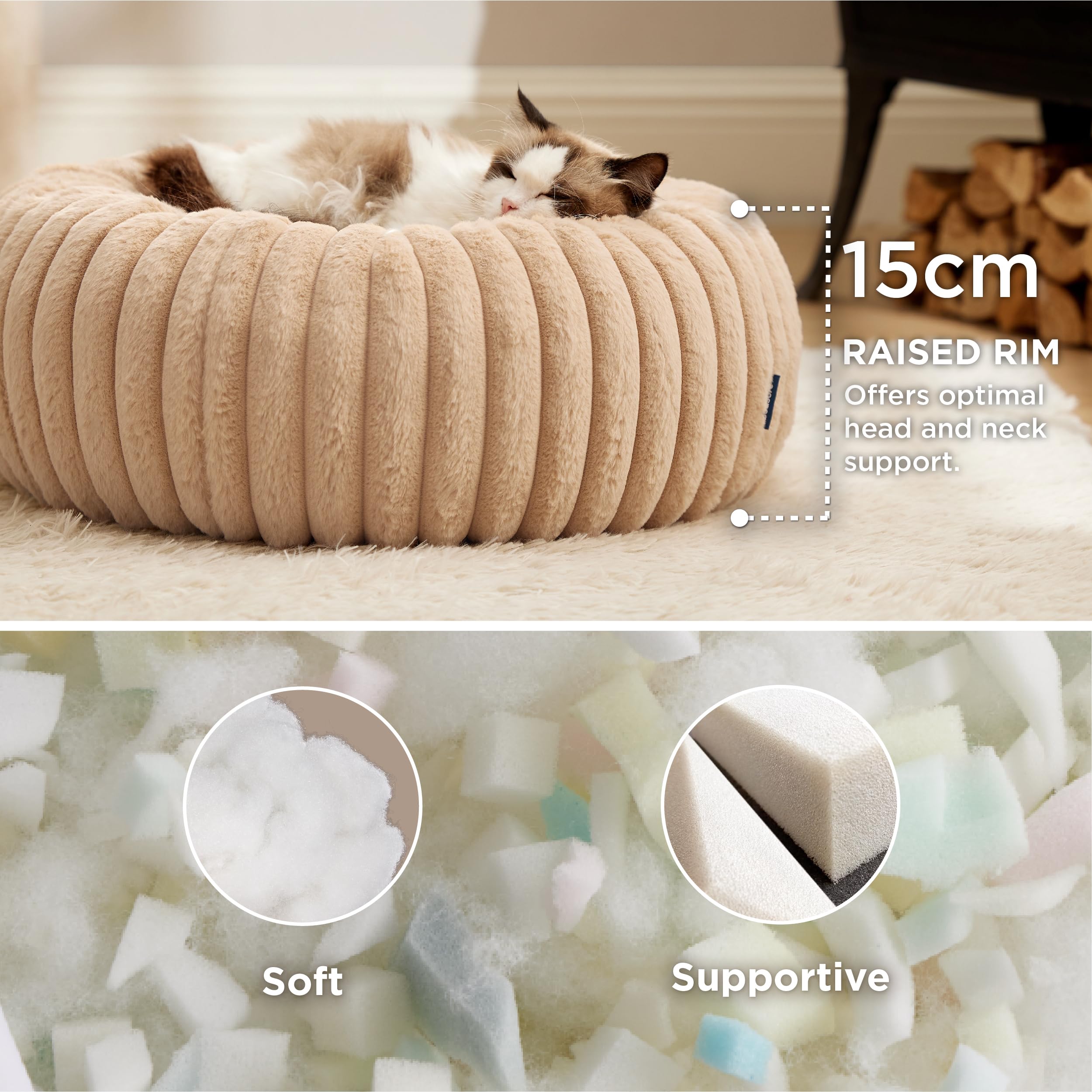 Bedsure Cat Bed for Indoor Cats - 51x51x15 cm Fluffy Cat Donut Bed with Corduroy Fleece & Anti Slip Bottom, Puppy Kitten Beds Washable with Removable Cover, Dark Grey
