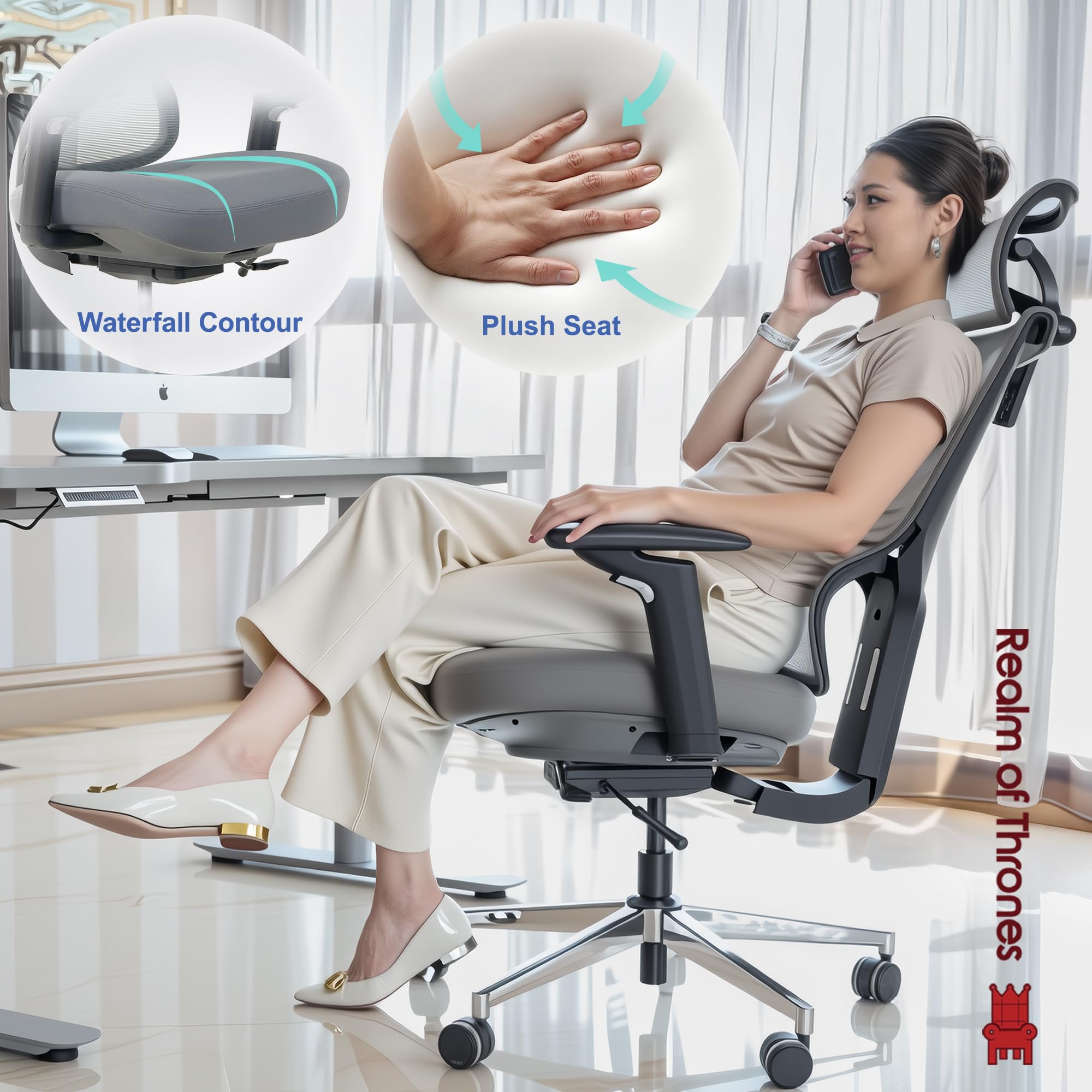 Realm of Thrones CAPTAIN Ergonomic Office Chair for Home, Heavy Duty Steel Base, Versatile Flip-up Armrests, Adjustable Lumbar Support, Mesh Back Comfort Cushion Seat for Computer Desk/Gaming (Black)