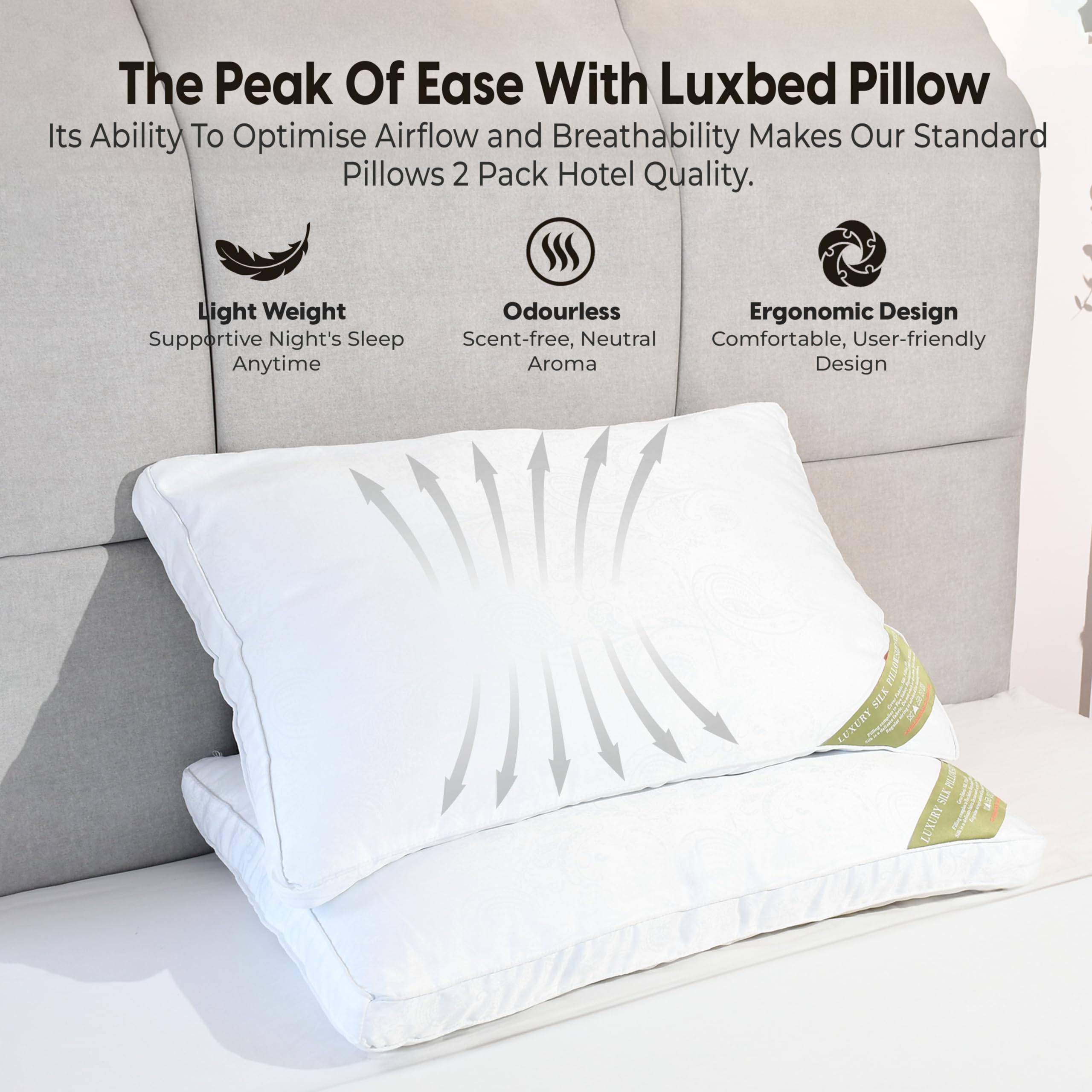 LuxBedCo Luxury Pillows 2 Pack - Soft Mulberry Silk Pillow Set for Head & Neck Support - Comfortable & Breathable 1000g Hotel Pillows for Better Sleep