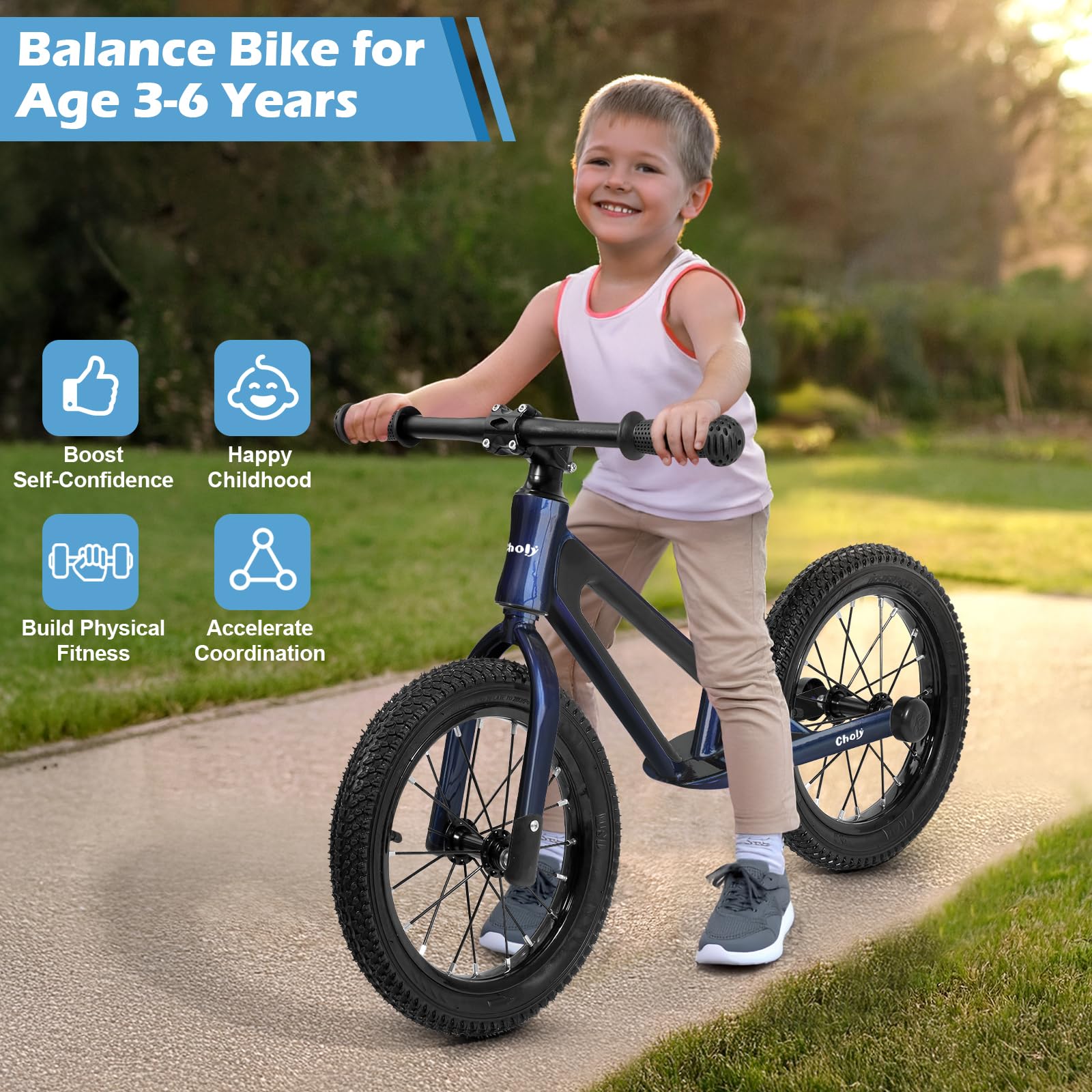 CHOLY 14 Inch Balance Bike for 3,4,5,6 Year Old Boys Girls, No Pedal Kids Bike with Adjustable Seat, Air Tires and Magnesium Alloy Frame, Lightweight Children's Traing Bicycle