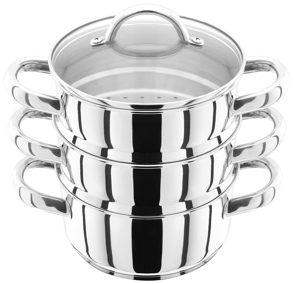 Judge Stainless Steel 3 Tier Steamer Set with 16cm 600ml Casserole, 2 Steamers and Lid, Induction Ready, Gift Boxed - 25 Year Guarantee