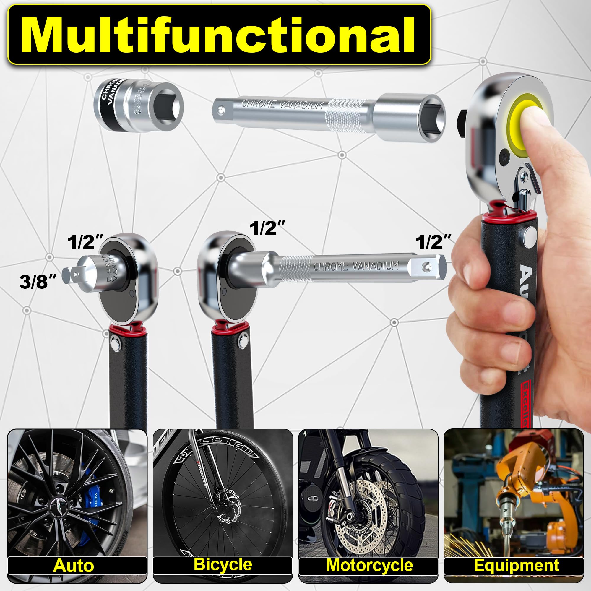1/2" Torque Wrench Set, Car Wheel Torque Spanner 20-230 Nm with 3/8'' Adapter, ± 3% Accuracy, 72 Tooth for Car Repair, Tire Replacement Etc