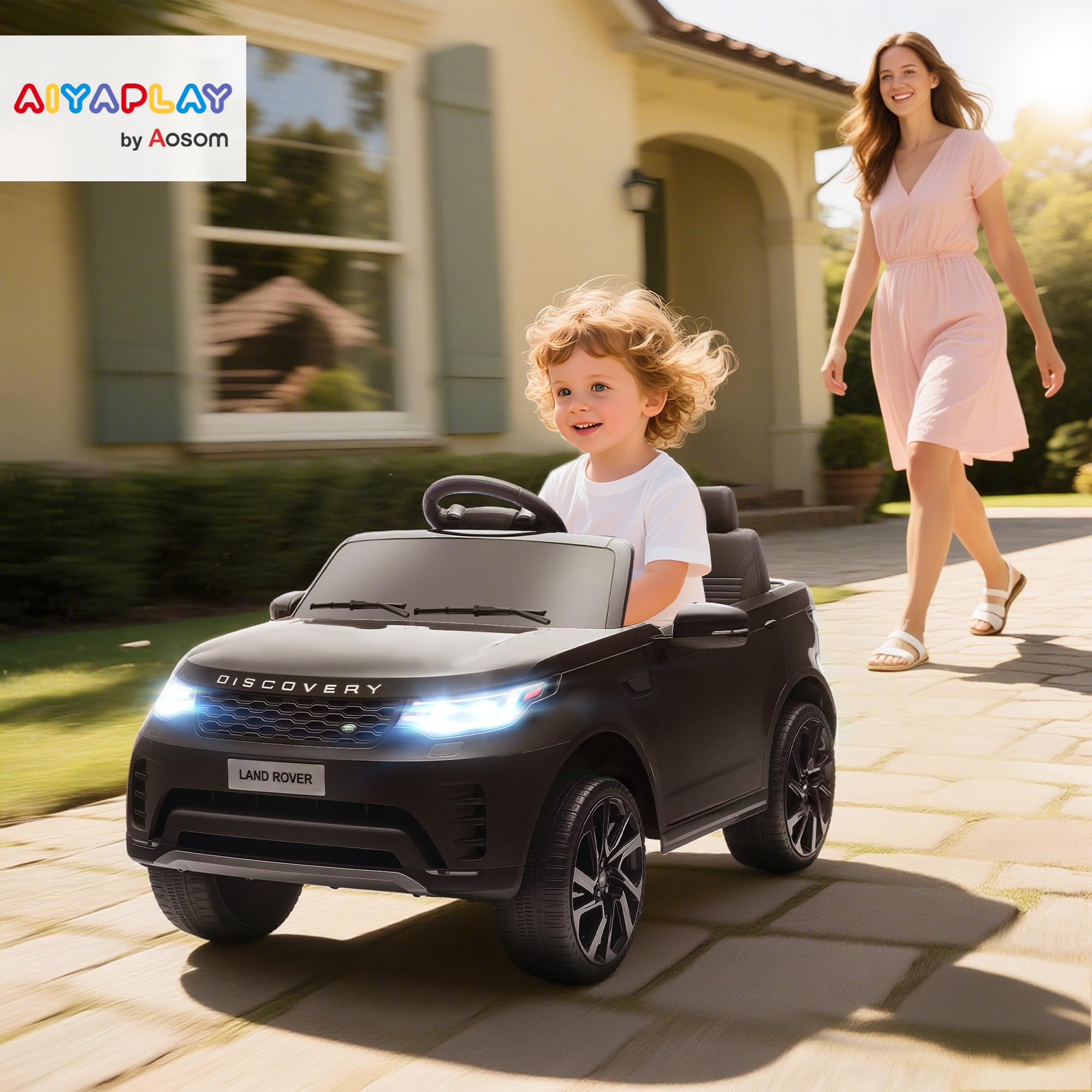 AIYAPLAY Land Rover Discovery Licensed 12V Electric Car for Kids, Ride on SUV with Remote Control, 4 Wheel Suspension System, Slow Start, LED Lights, Music, for 3-6 Years Old, Khaki