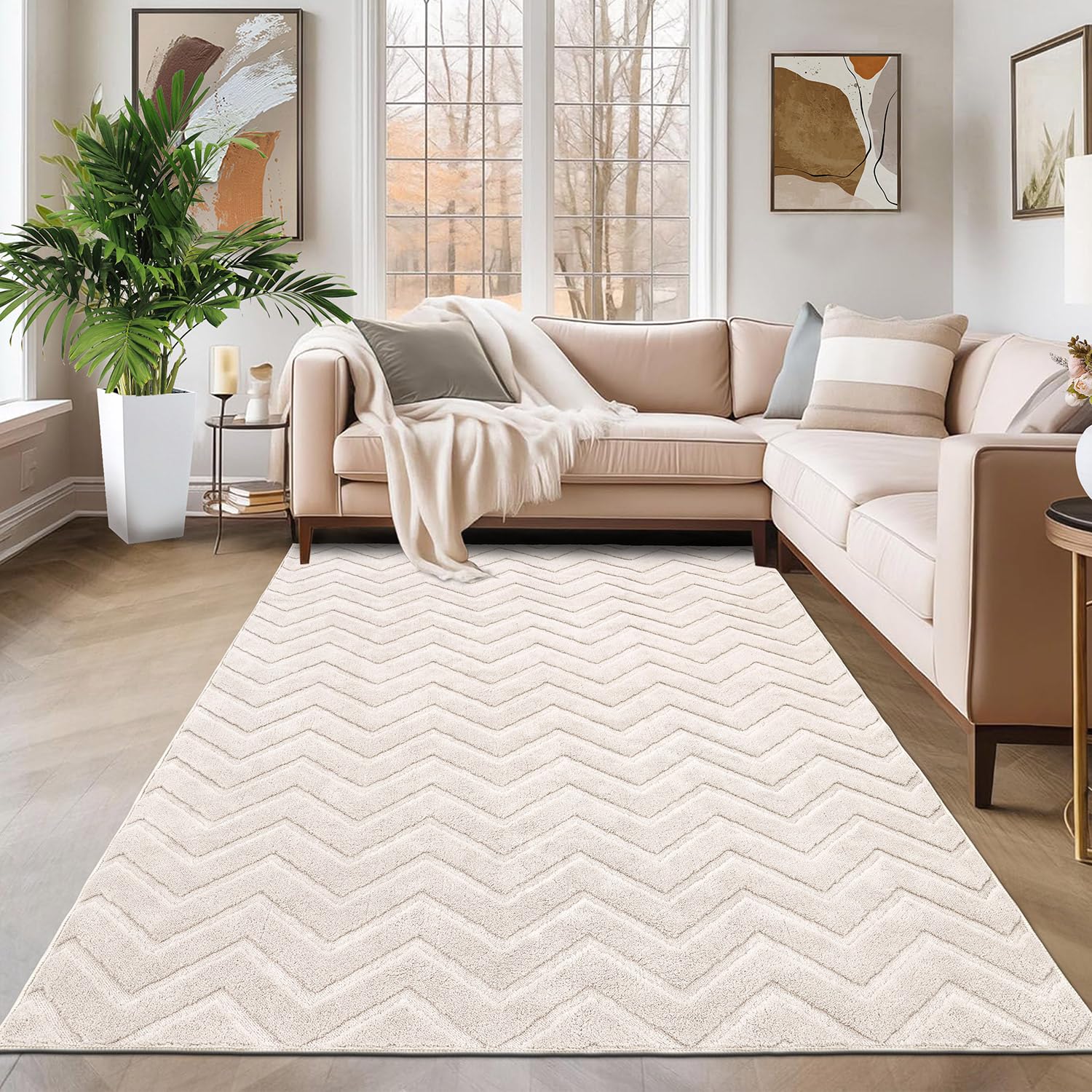 SHACOS Area Rug for Living Room Large Rugs 160 x 230 cm Modern Cream Rug for Bedroom Washable Non-Slip Rug Modern Floor Carpet Ultra Soft Shaggy