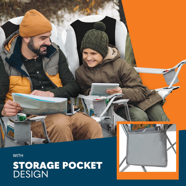 Voyager Folding Camping Chairs 2 Pack with Cooler Bag, Lightweight Q195 Steel Frame, 600D Oxford Fabric, Portable & Comfortable - Black (Black, Padded)