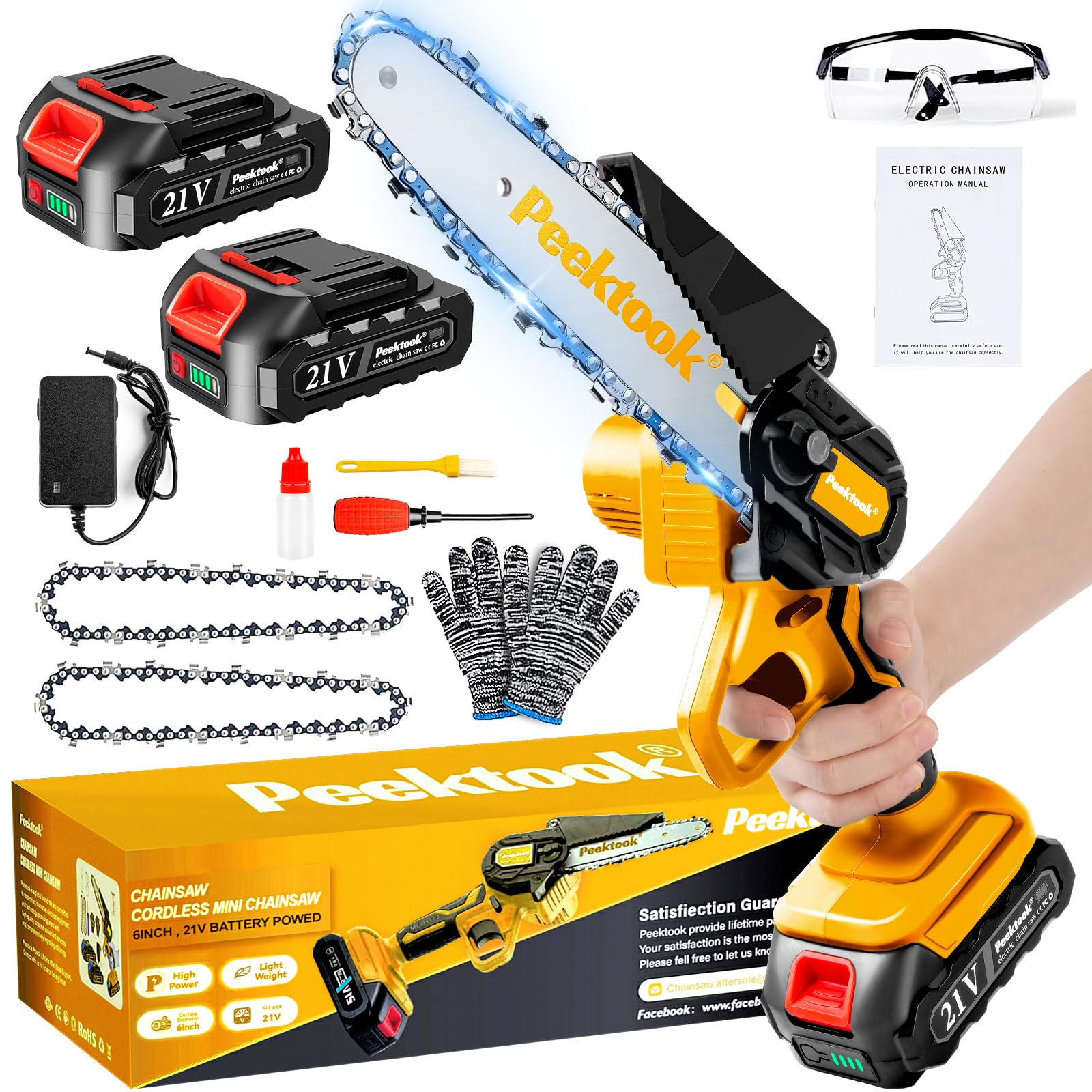 Mini Chainsaw-6 Inch Brushless Motor Cordless Chainsaw with 4000mAh Battery & 2 Chains, Light Weight Battery Chain Saw Electric, Small Chain Saw with Safety Lock and Strong Motor for Tree Trimming