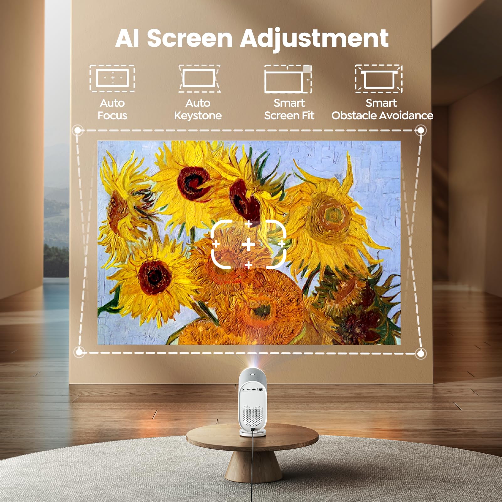 Projector【Dolby Audio/Dustproof】800ANSI Auto Focus/Fit in/Keystone/Avoidance Portable Projector 4K Support, 20W Speaker WiFi6 Bluetooth 1080P Full HD Projectors 50% Zoom for Home/Outdoor