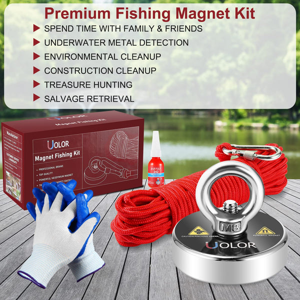 Uolor Magnet Fishing Kit with Rope 20M(66ft), N52 Super Power 160KG(353LB) Pulling Force Round Neodymium Eyebolt Fishing Magnet for Magnet Fishing and Salvage in River - Diameter 60MM