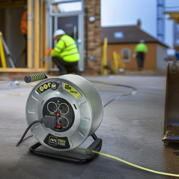 Masterplug Pro-XT Four Socket Open Cable Reel Extension Lead with Winding Handle, Thermal Cut Out and Power Switch, 25 Metres High Visibility Cable , Green