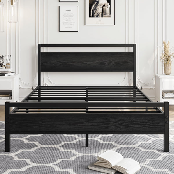 HOJINLINERO 4ft6 Double Bed Frames with Wooden Headboard,Metal Platform Bed Frame Double Bed Base No Box Spring Needed,Mattress Foundation,Industrial