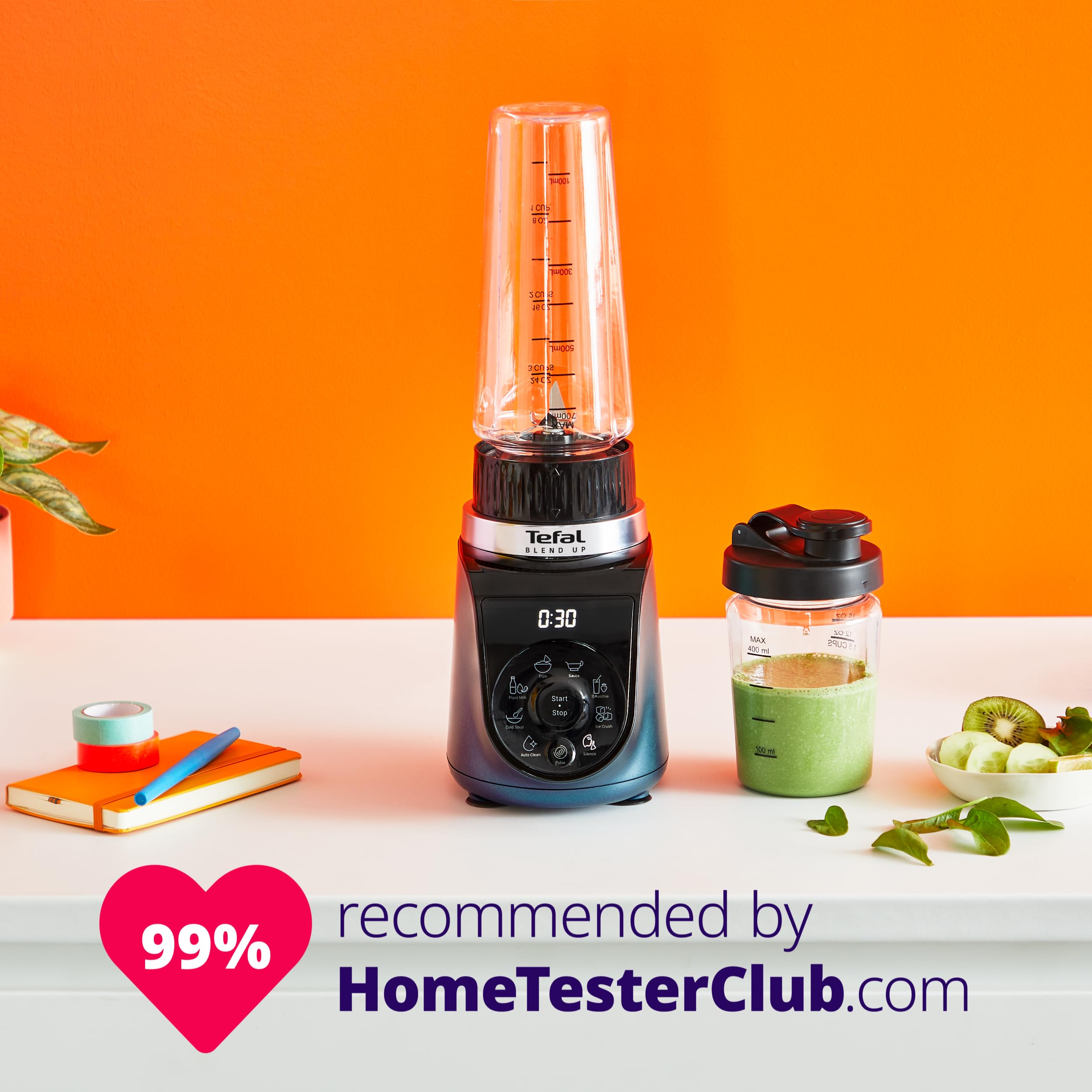 Tefal Blendforce II Blender, 2L Plastic Jug, 1.25L Effective Capacity, 600W, 4 Removable Stainless Steel Blades, Smoothie, Ice Crush, 2 Speeds + Pulse, Kitchen Shakes Maker, Black, BL420840