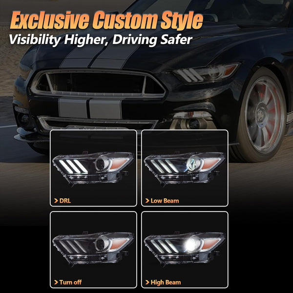VLAND Headlights compatible with Mustang 2015 2016 2017, for RHD, LED DRL, Passenger & Driver Sides
