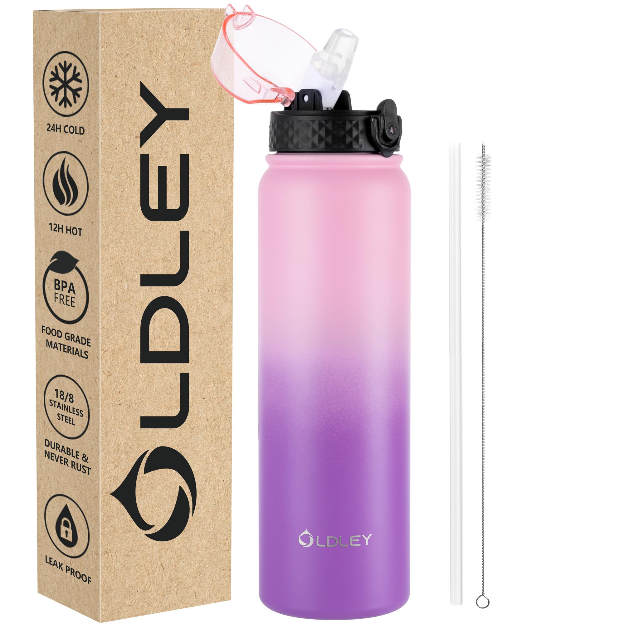 OLDLEY Stainless Steel Water Bottle with Straw 1L Vaccum Insulated Large Drink Flask Metal Water Bottles 1 Litre Leakproof Keep Drinks Hot Cold for Sports Gym with Different Lids(Purple Green, 3 Lids)