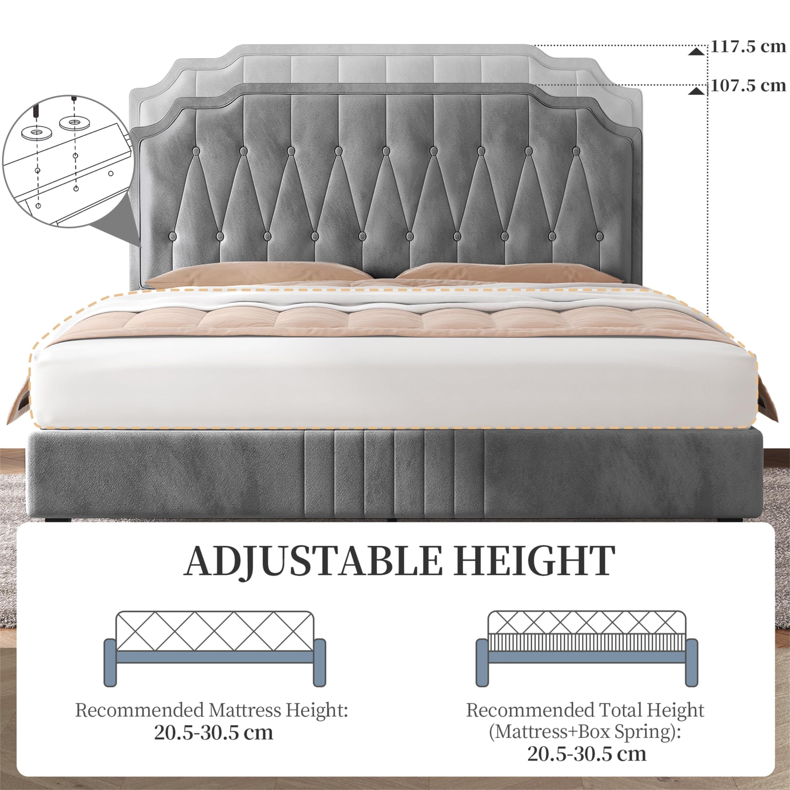 Yaheetech 5ft King Bed Frame Upholstered Platform Bed with Adjustable Button Tufted Headboard/Velvet Fabric/Sturdy Wooden Slat Support/No Box Spring Needed, Dark Grey King Bed