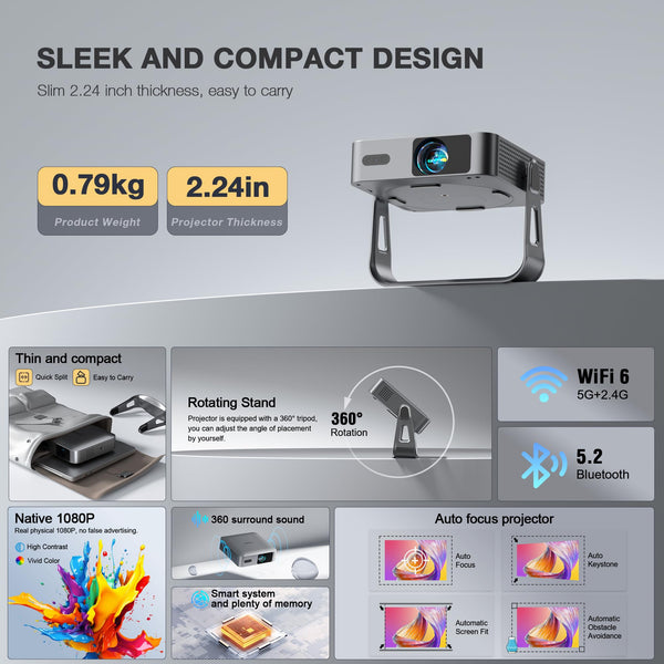[Ultra-Thin & NetfIix Officially] Smart Mini Projector 4K, VISSPL Auto Focus & Keystone WiFi 6 & Bluetooth 27000 Lumen 1080P Full HD Portable Projector for Bedroom/Outdoor/Phone/iOS/Android