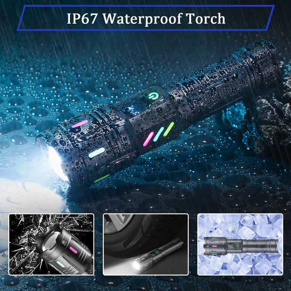 Torches LED Super Bright 1000000 Lumen, Rechargeable Torch with LCD Power Display and Zoomable, High Powered LED Torch 5 Light Modes, Powerful Tactical Torches for Camping, Dog Walking