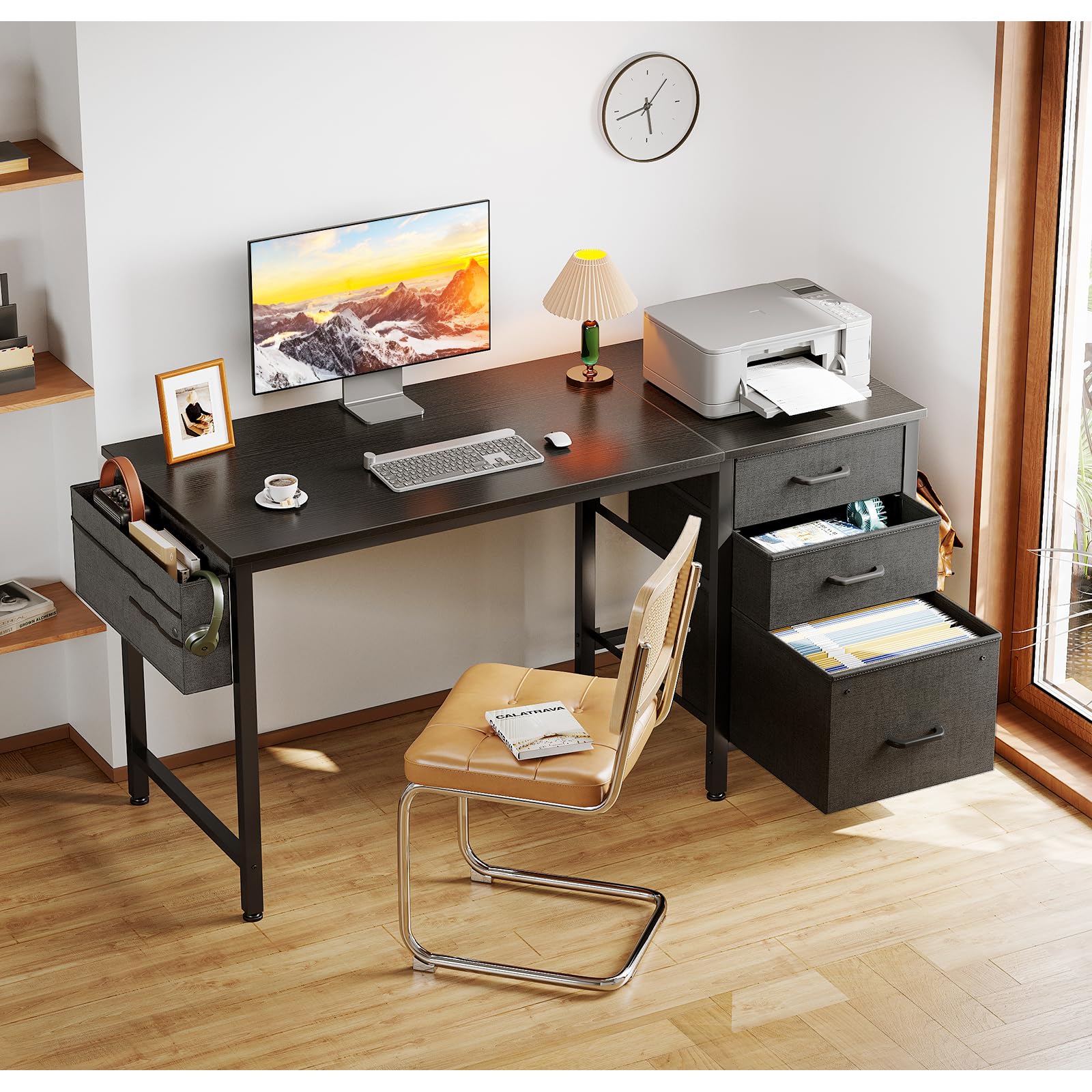 Coleshome Computer Desk with Drawers, 120×48cm Office Desk with Storage, Reversible Small White Desks for Home Office