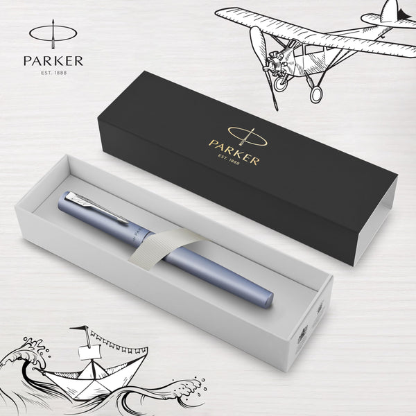 Parker Vector Fountain Pen | Black with Chrome Trim | Medium Nib | Blue Ink | Hangtab