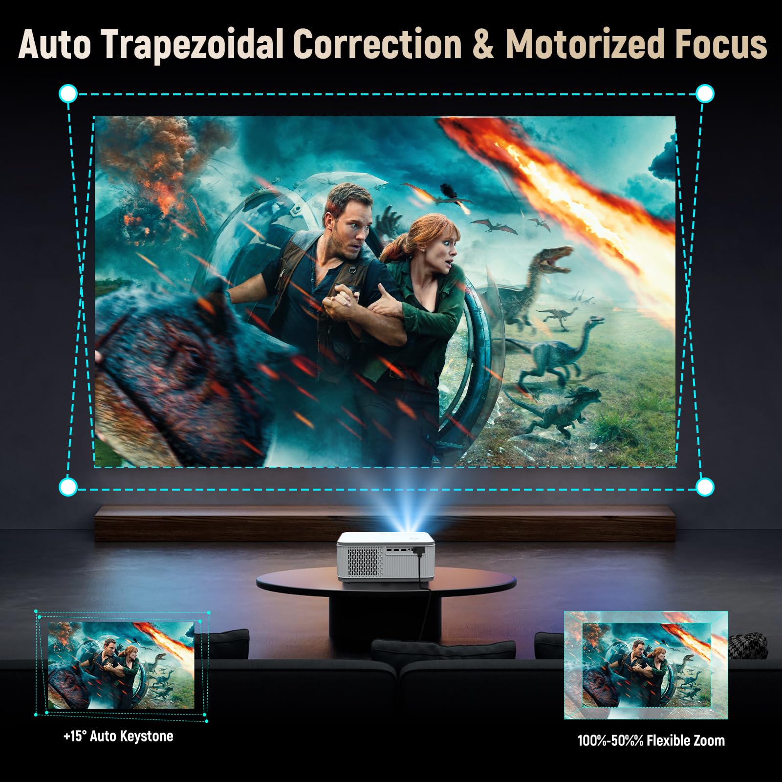 Projector with WIFI and Bluetooth, 4K 1080P Smart Movie Projector 600 ANSl Auto Keystone Quad-Core Compatible for iOS/Android/USB/HDMI/TV Stick