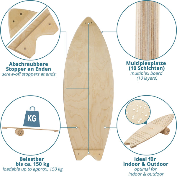 valuents Balance Board, Surfboard Shape with Cork Roller, Multi-layered Maple Wood, Non-slip Mat, Holder for Neuromuscular Response Training, Adult