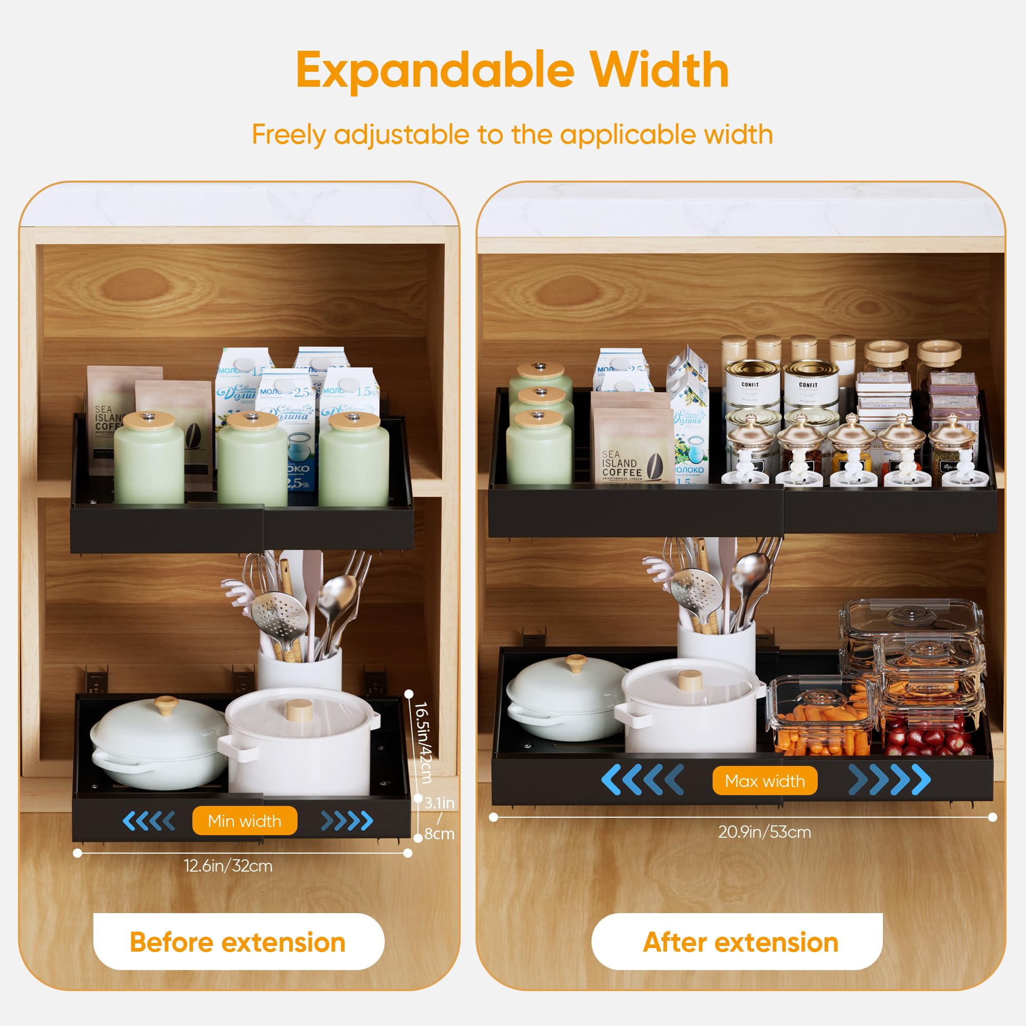 2 Pack Expandable Pull Out Cabinet Organizer Adhesive, Peel And Stick Slide Out Drawers for Kitchen Cabinets,Cabinet Pull Out Shelves For Kitchen