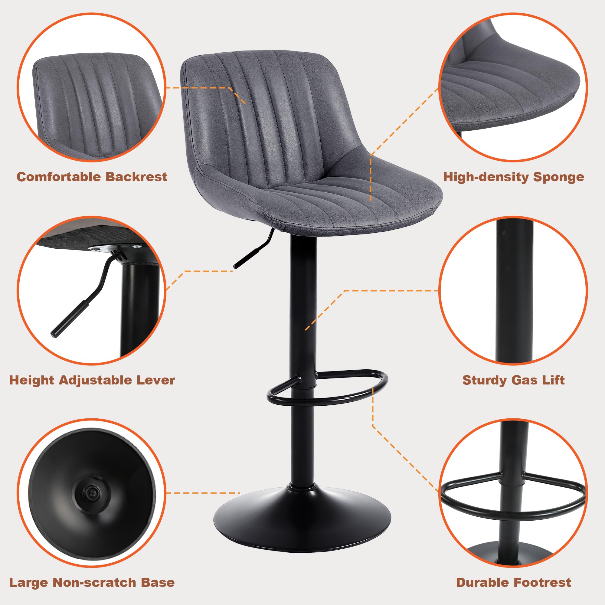 Youhauchair Bar Stools Set of 2, Swivel Counter Height Barstools with Back, Adjustable PU Leather Bar Chairs, Modern Armless Kitchen Island Stool, Black