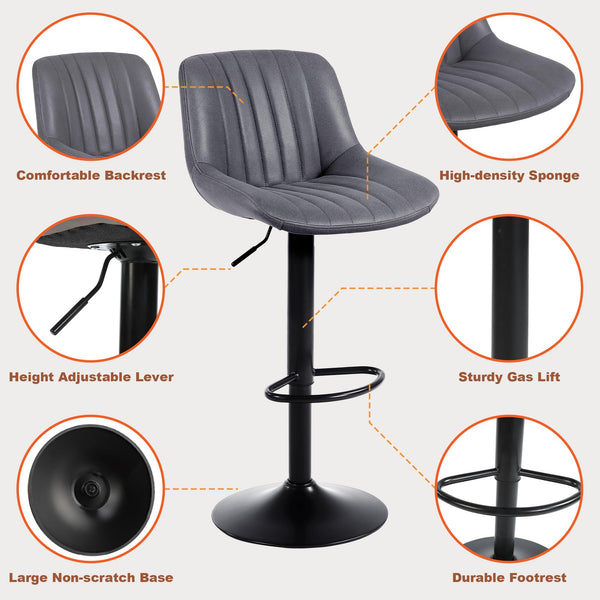 Youhauchair Bar Stools Set of 2, Swivel Counter Height Barstools with Back, Adjustable PU Leather Bar Chairs, Modern Armless Kitchen Island Stool, Black