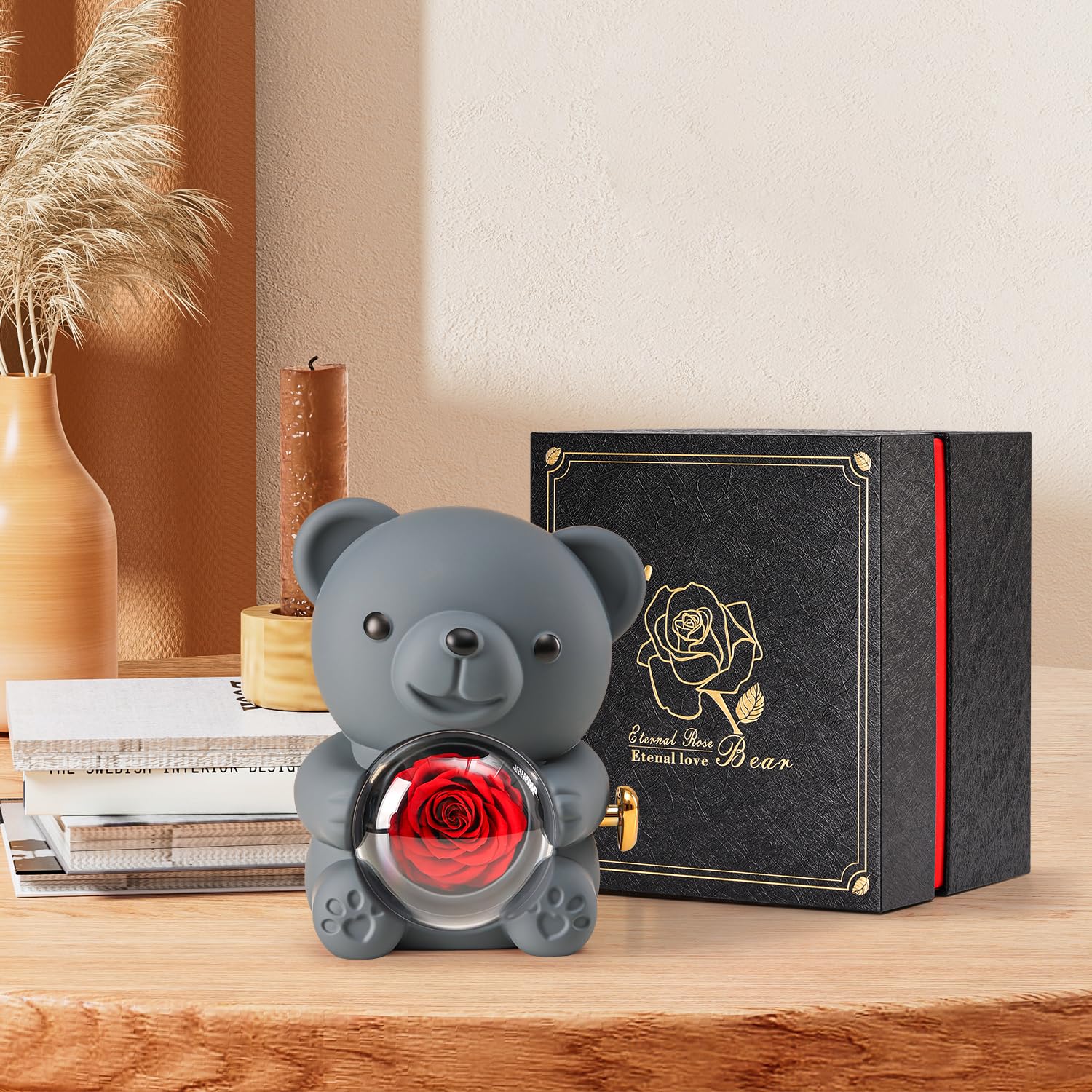 Ariceleo Romantic Teddy Bear with Preserved Rose - Hidden Jewelry Box and Heart-Shaped Necklace - Unique Gift for Her - Valentine's Day, Mother's Day,