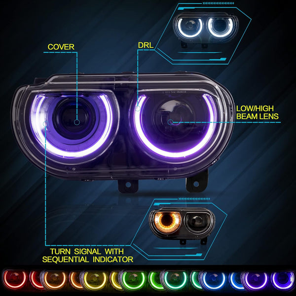 VLAND RGB Headlights Fit for 2008-2014 Dodge Challenger 3rd Gen Coupe, LED Front Lights with Colorful Halo DRL and Sequential Turn Signal