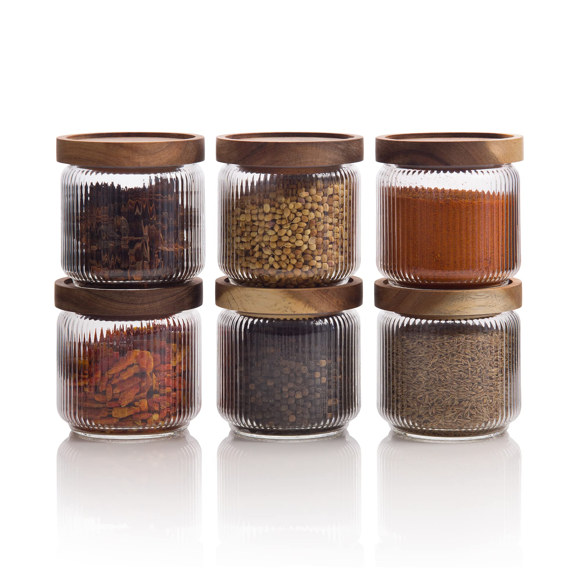 Mason & Fable Ribbed Glass Jar with Wooden Lid 350ml- 6 Pcs | Airtight Ribbed Storage Container for Spice, Tea, Sugar, Coffee, Sweets, Dog Treats,