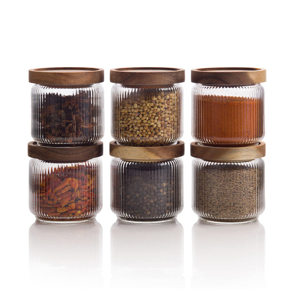 Mason & Fable Ribbed Glass Jar with Wooden Lid 350ml- 6 Pcs | Airtight Ribbed Storage Container for Spice, Tea, Sugar, Coffee, Sweets, Dog Treats,