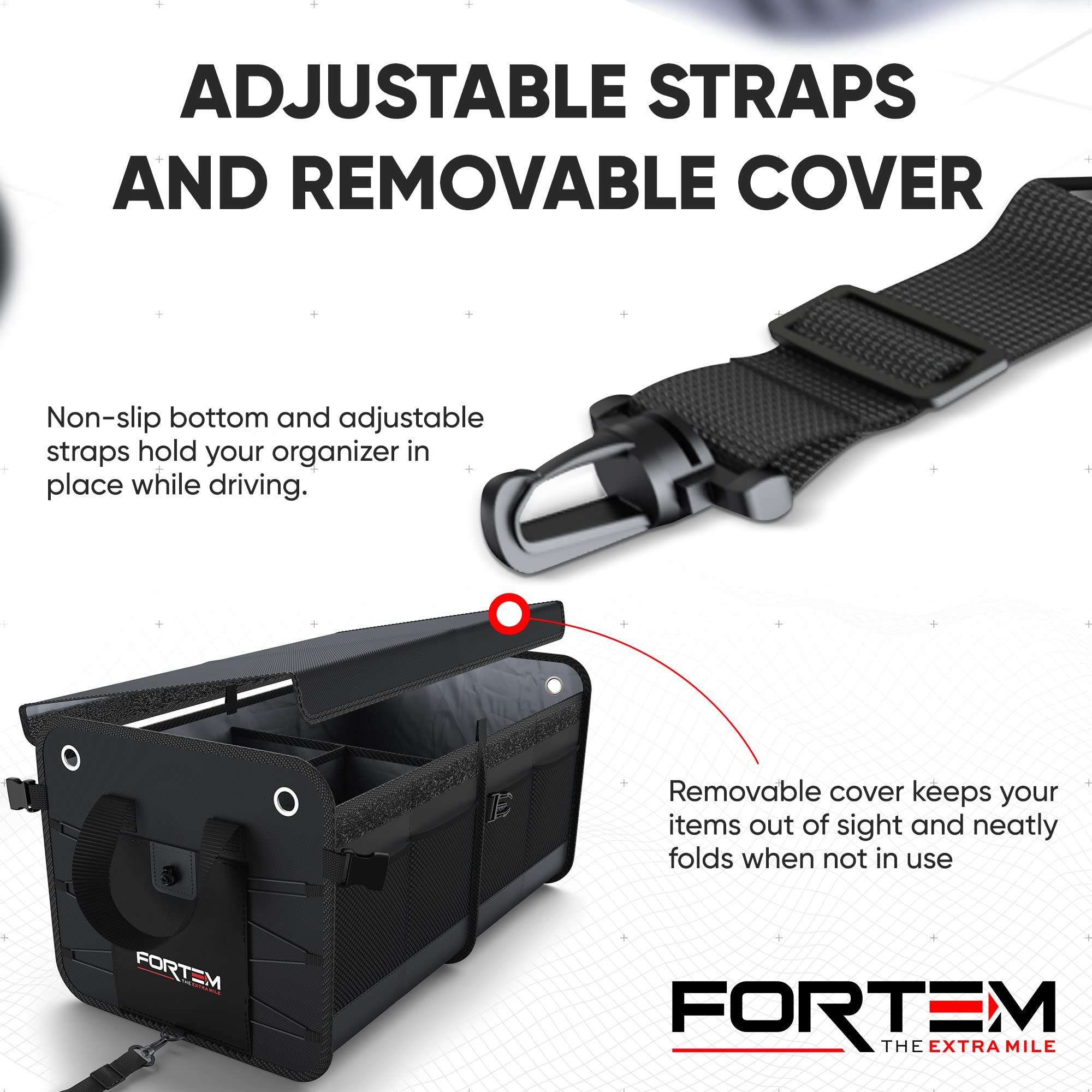 FORTEM Car Boot Organiser, SUV Boot Tidy, Trunk Storage, Collapsible Multi Compartment Car Organiser, Non Slip Bottom, Adjustable Securing Straps, Foldable Cover (65L)