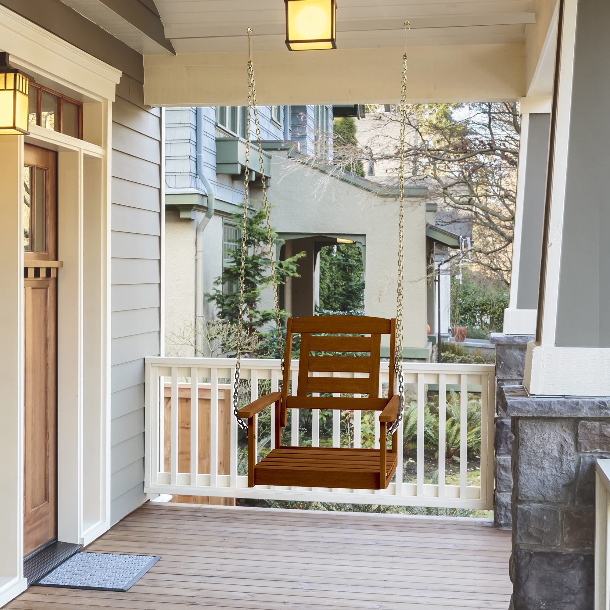 Furinno Tioman Hardwood Hanging Porch Swing with Stand in Teak Oil, Natural