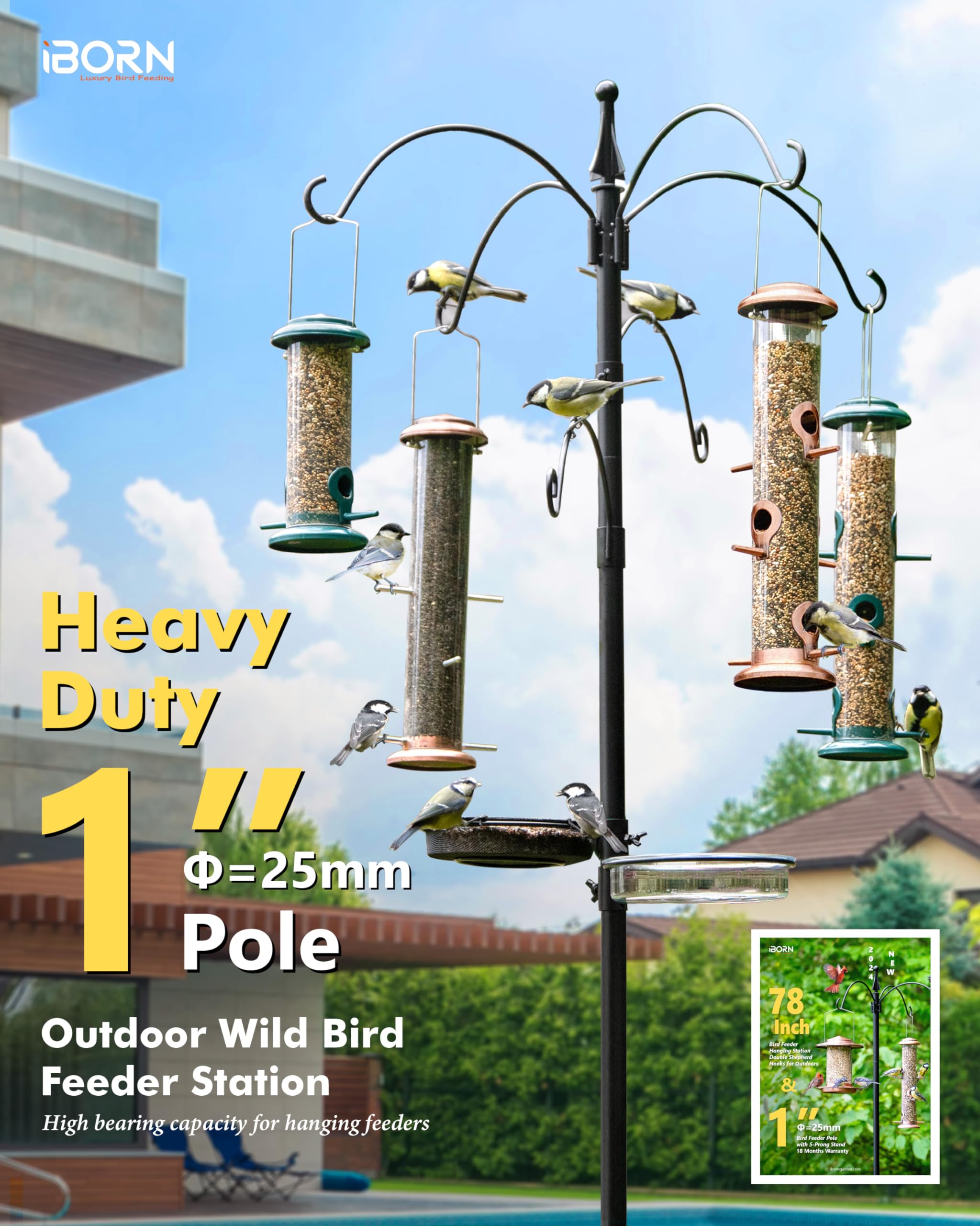 iBorn Bird Feeders Hanging Station Wild Bird Feeding Station Stand Heavy Duty 1 Inch Pole W/Removable Mesh Tray Water Tray, 6-Hooks, 5-Prong Pole