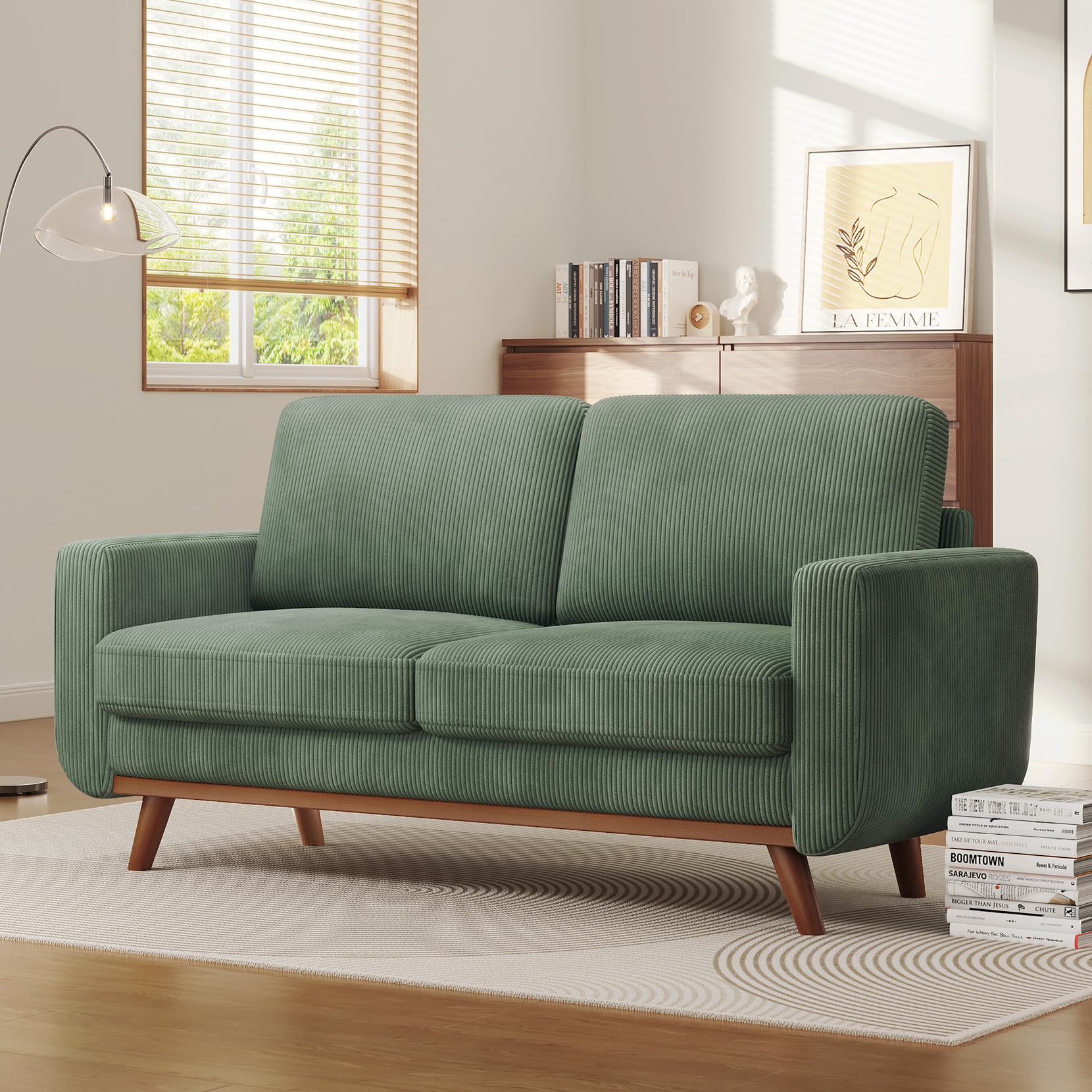 Vesgantti 172cm Loveseat Sofa Green, Comfy Corduroy Couch with Spring Cushion, 2 Seater Sofa with Solid Wood, Sofa Couch with Deep Seat, Sofa for Bedroom, Loveseat for Living Room, Green Office Couch