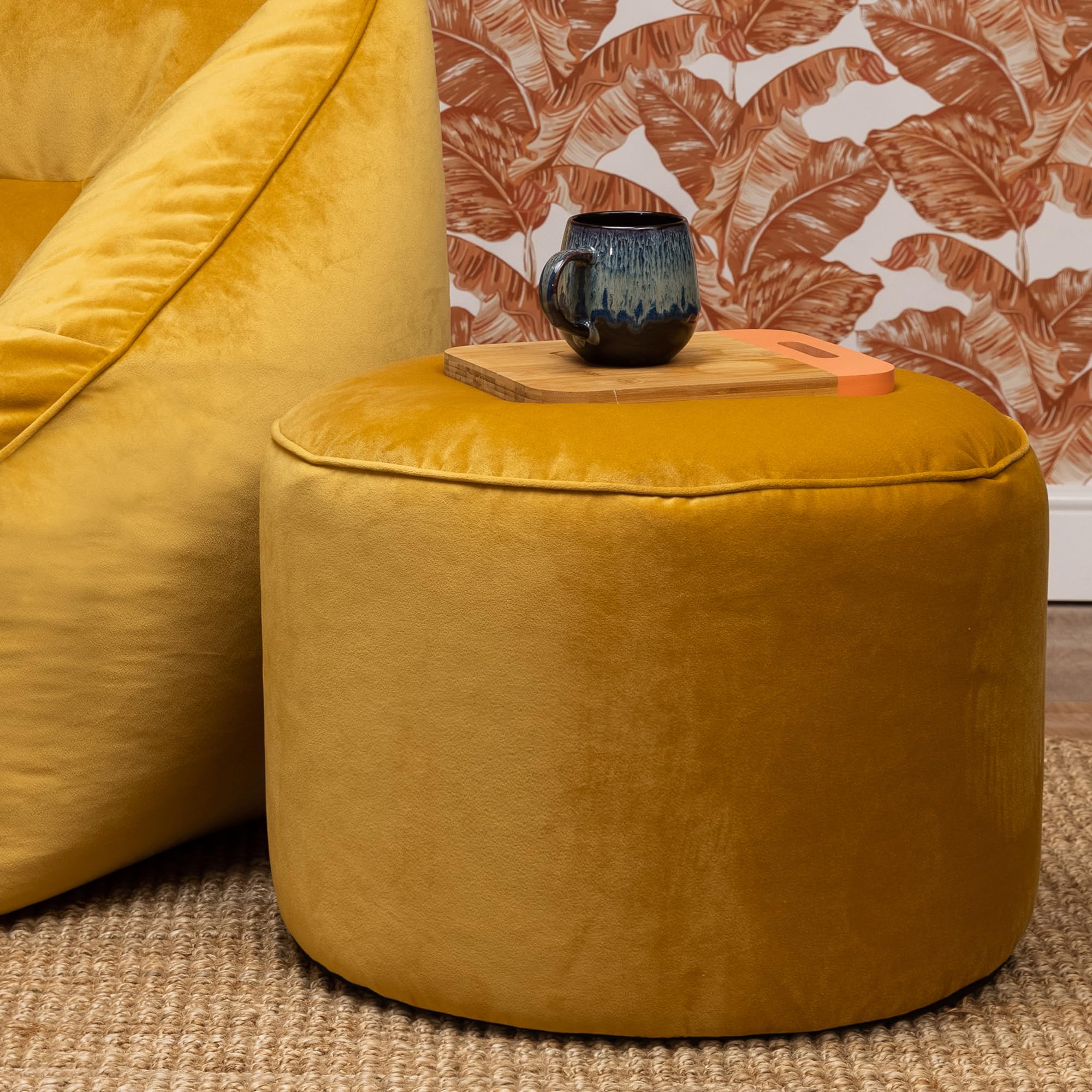 icon Milano Velvet Bean Bag Pouffe, Ochre Yellow, Large Pouffe Footstool with Filling Included, Footrest, Bedroom, Living Room, Living Room Furniture