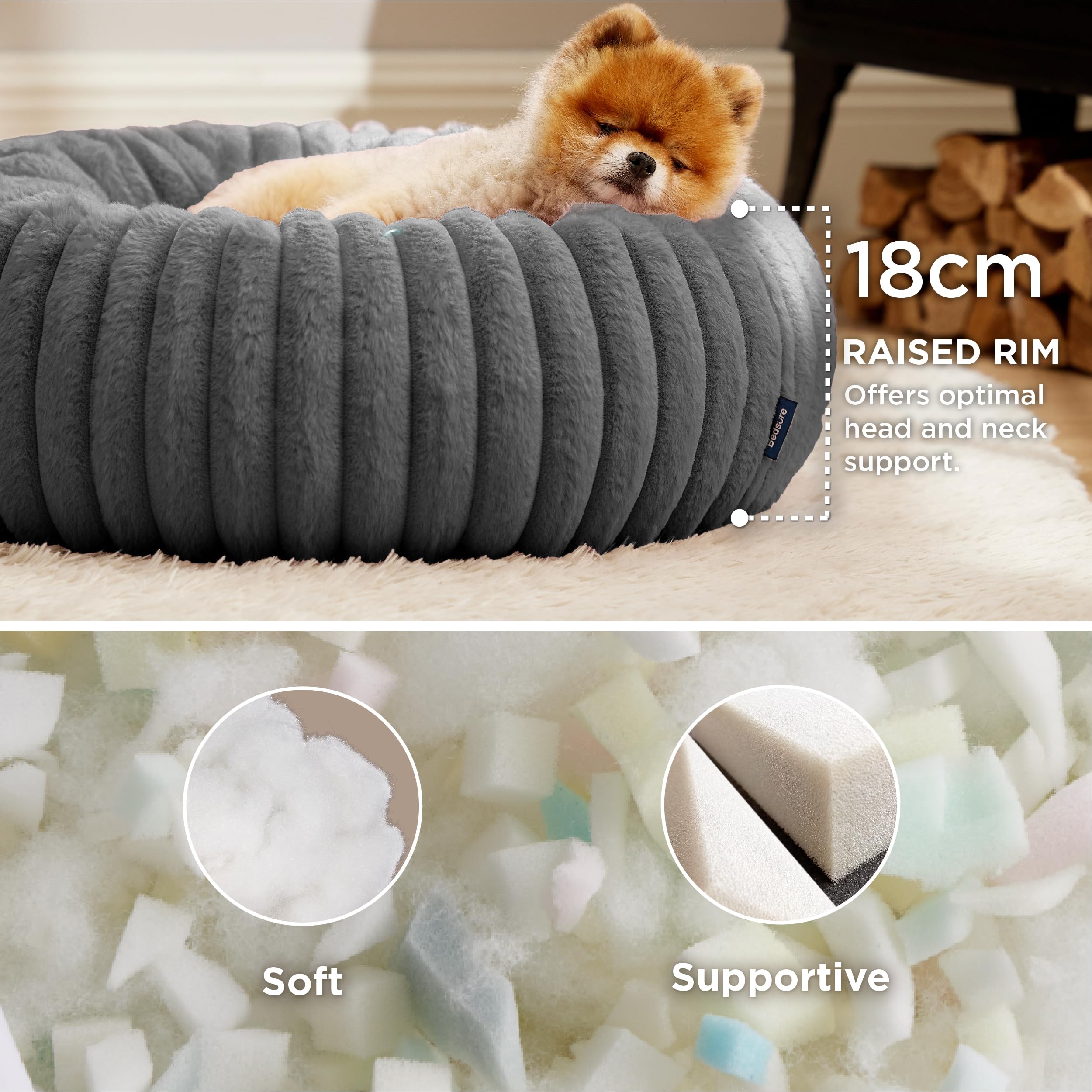 Bedsure Cat Bed for Indoor Cats - 51x51x15 cm Fluffy Cat Donut Bed with Corduroy Fleece & Anti Slip Bottom, Puppy Kitten Beds Washable with Removable Cover, Dark Grey