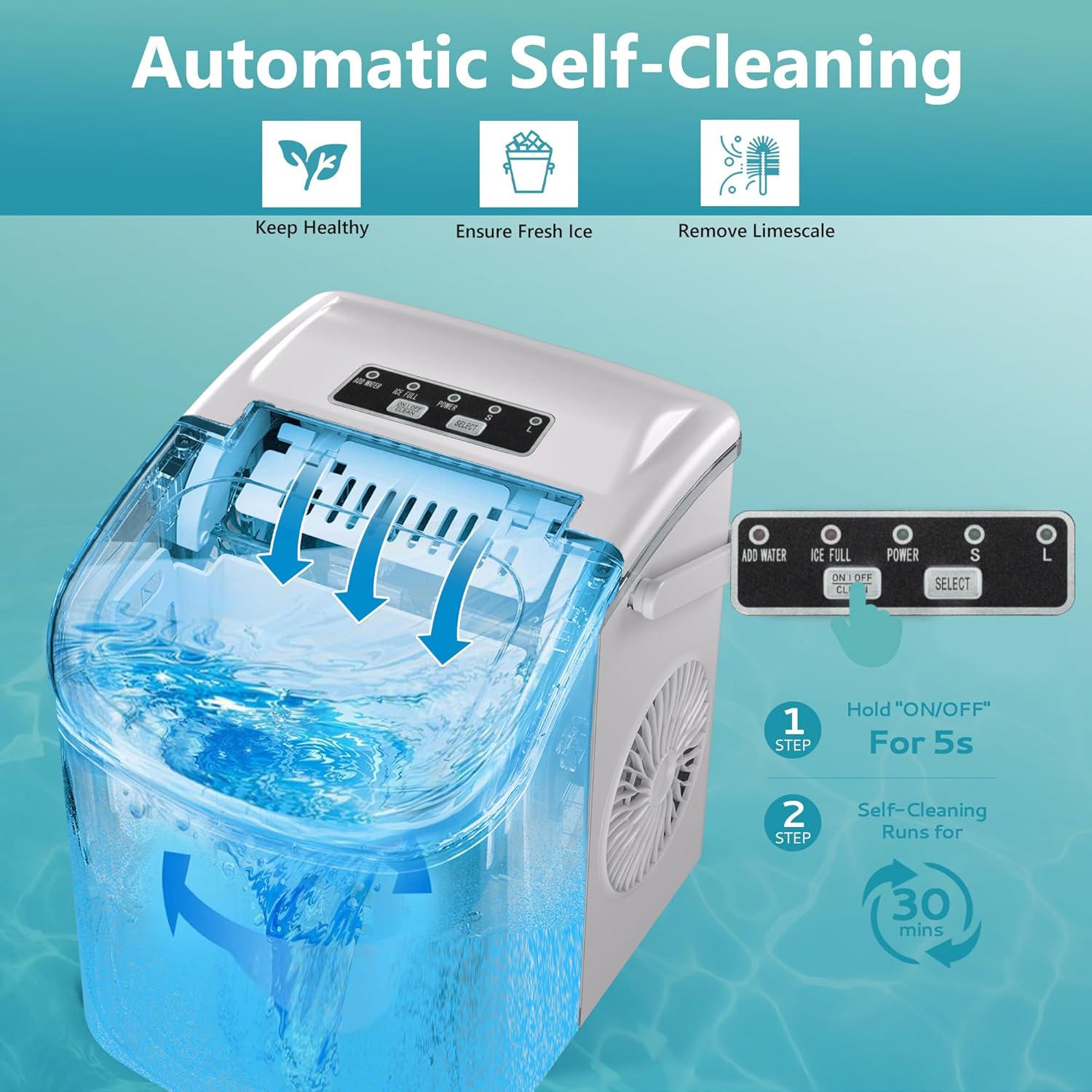 Ice Maker Machine Countertop Ice Cube Maker with Portable Handle, 9 Ice Cubes in 6 Mins, Self-Cleaning Compact Ice Maker 12 kg in 24 Hrs, with Ice Scoop and Basket for Home/Kitchen/Office/Bar