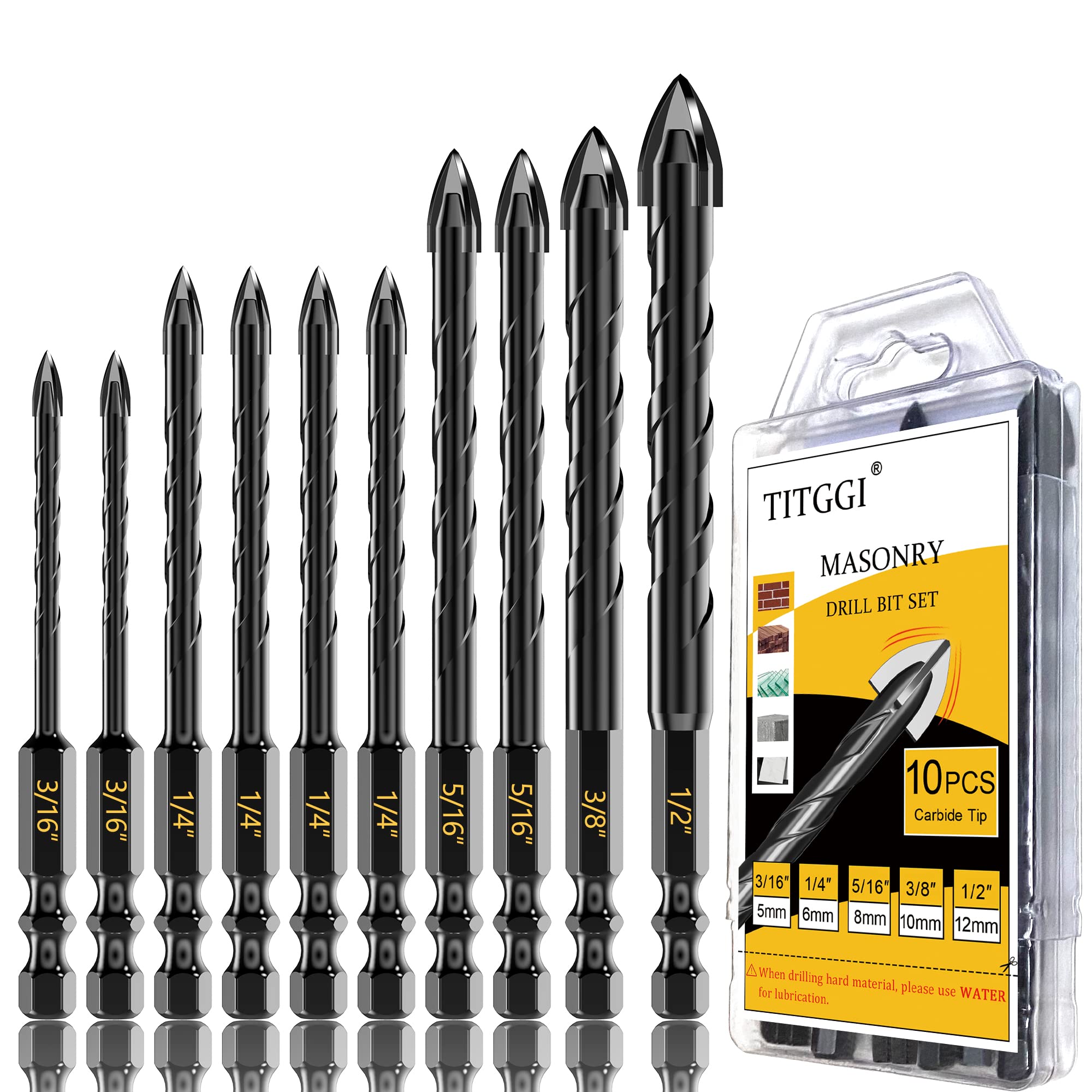 Masonry Drill Bit, Professional Masonry Drill Bit Set (10PCS) for Concrete/Glass/Brick/Cement/Tile/Wood/Etc, Industrial Strength Carbide Drill Bits Tip, 5/32"-1/2"