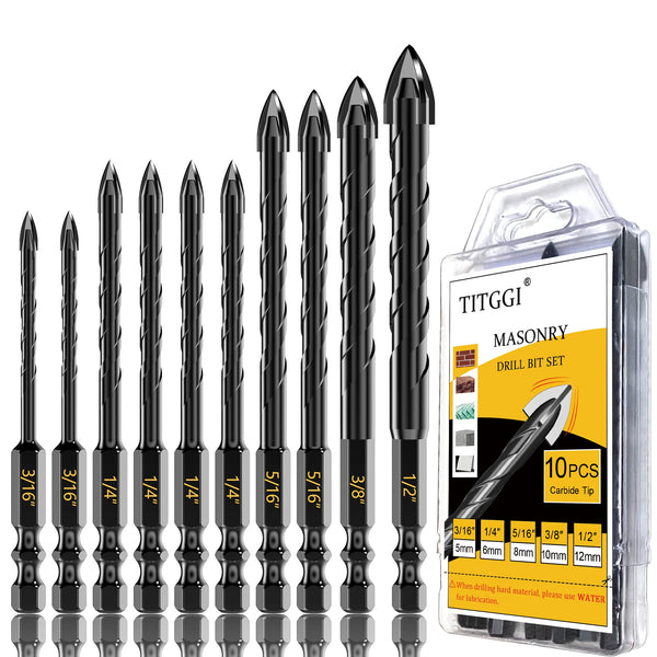 Masonry Drill Bit, Professional Masonry Drill Bit Set (10PCS) for Concrete/Glass/Brick/Cement/Tile/Wood/Etc, Industrial Strength Carbide Drill Bits Tip, 5/32"-1/2"