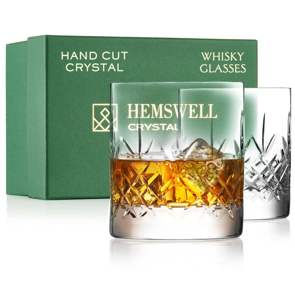 Hemswell Crystal Whisky Glasses Set of 2-310ml Crystal Whiskey Glasses - Cut Glass Tumblers - Traditional Cut Lead Free High Clarity Glass - Satin