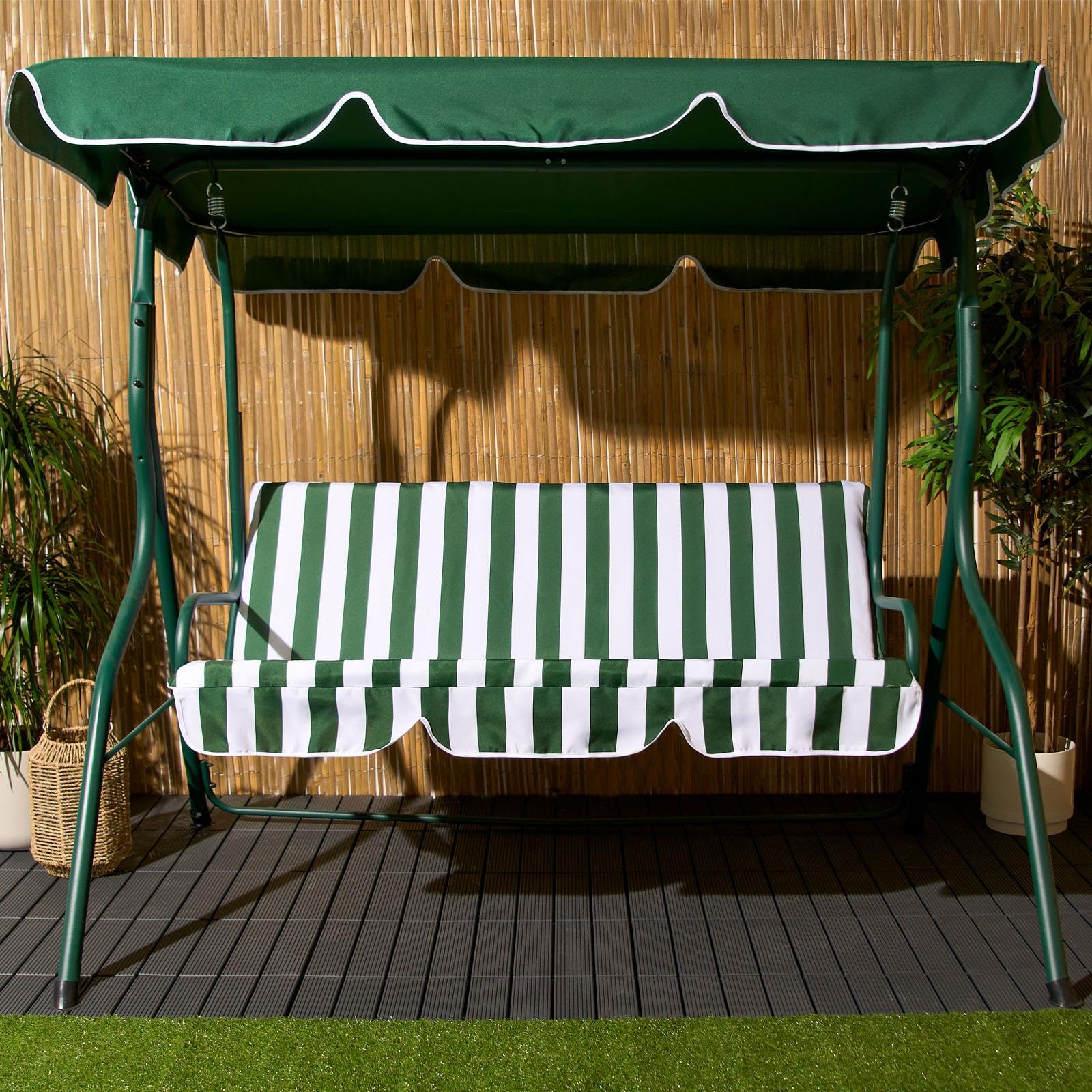 OHS Garden Swing Bench, 3 Seater Swing Seat Outdoor with Adjustable Canopy & Cushioned Seats Relaxing Comfy Outdoor Patio Hammock Bench, Grey/White Stripe