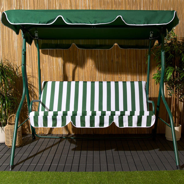 OHS Garden Swing Bench, 3 Seater Swing Seat Outdoor with Adjustable Canopy & Cushioned Seats Relaxing Comfy Outdoor Patio Hammock Bench, Grey/White Stripe