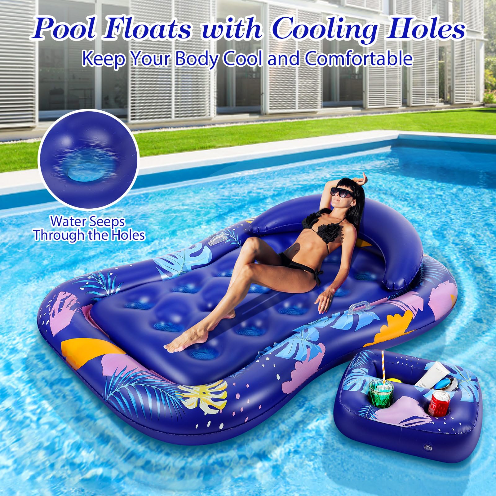 MoKo Pool Floats Adult, Floating Bed with Ice Bar, Tanning Bed Pool Raft Inflatable Lounger with Drink Holder Tanning Chair Inflatable Pool Toys for Party Beach Backyard