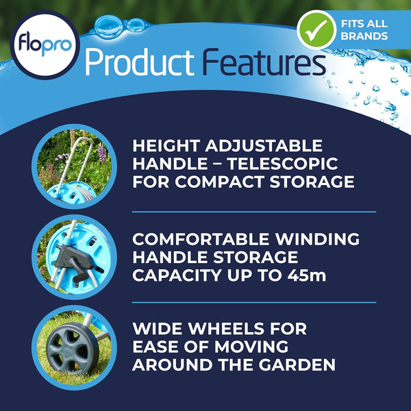 FLOPRO-Everyday Hose cart with Wheels 25m: Robust Frame for Stability, Adjustable Handle & Wide Wheels. Complete with SUPERGRIP Hose Pipe Connector Set & Nozzle- Fits All Brands. 3 Year Guarantee