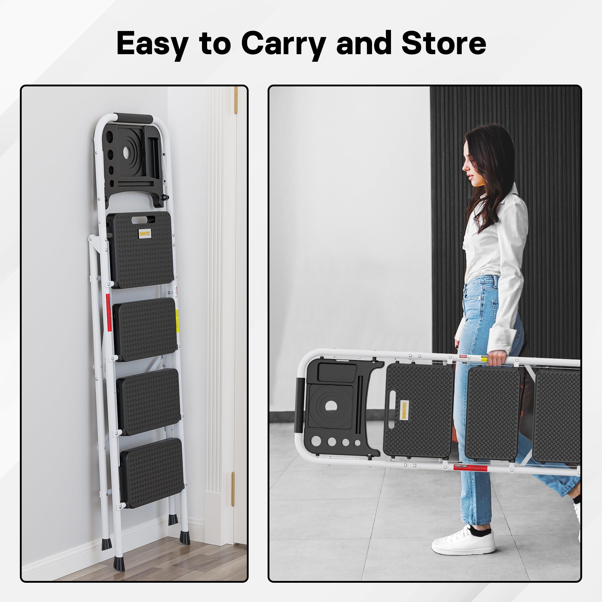 BONTEC 4 Step Ladder Folding, Heavy Duty Foldable Step Stool with Wide Anti-Slip Pedals, Sponge Handrail and Tool Tray, Portable Household Ladder 150kg Capacity, Compact Collapsible Indoor Ladder