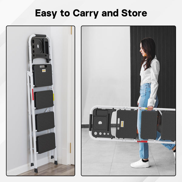BONTEC 4 Step Ladder Folding, Heavy Duty Foldable Step Stool with Wide Anti-Slip Pedals, Sponge Handrail and Tool Tray, Portable Household Ladder 150kg Capacity, Compact Collapsible Indoor Ladder