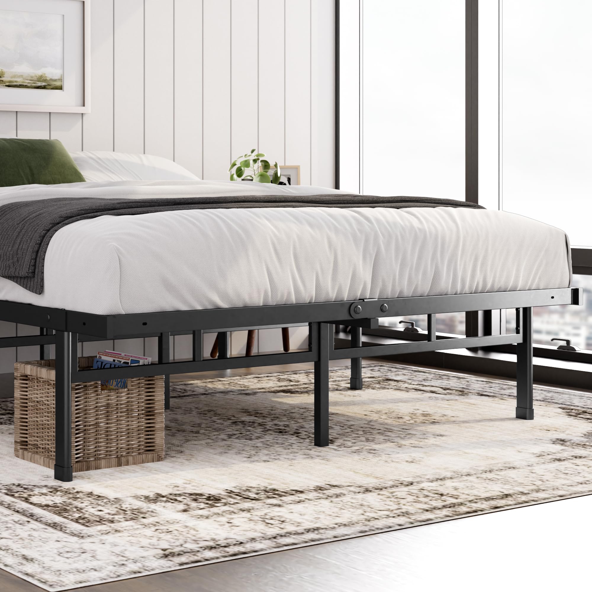 ZINUS Justin Double Bed frame - Bed 135x190 cm - 36cm Height - Metal bed frame with Underbed storage and steel slat support - Black