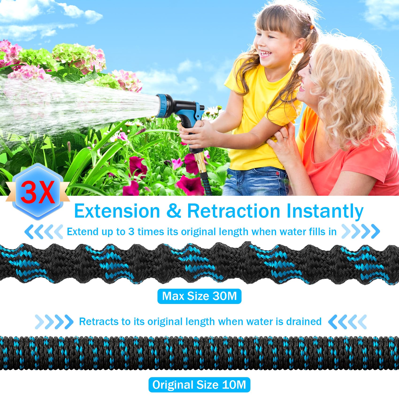 Expandable Garden Hose Pipe 30m 100ft, Hosepipes for Garden Water Hose with 10 Functions Spray Gun, 3/4" 1/2" Connector, Expanding Magic Hose