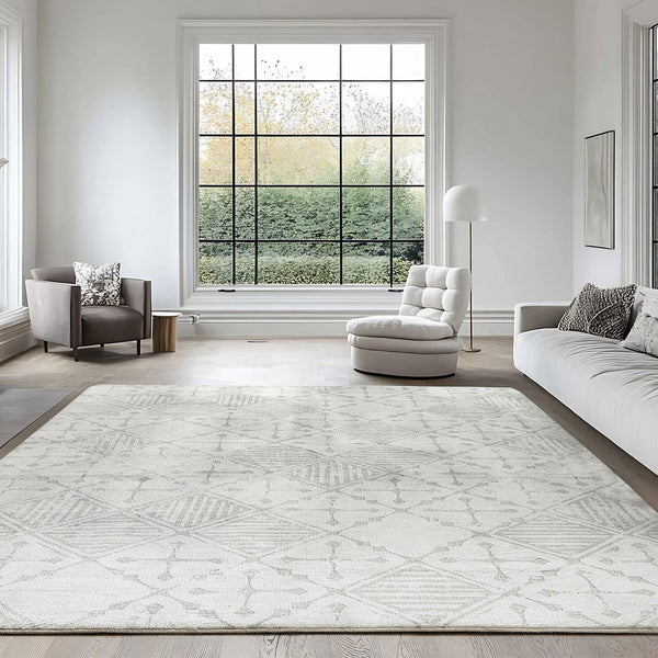 Leesentec Rugs Living Room Large Rug 200x250cm Cream Light Grey White Abstract Modern Geometrical Short Pile Rugs Easy Care Soft Non-slip Carpet